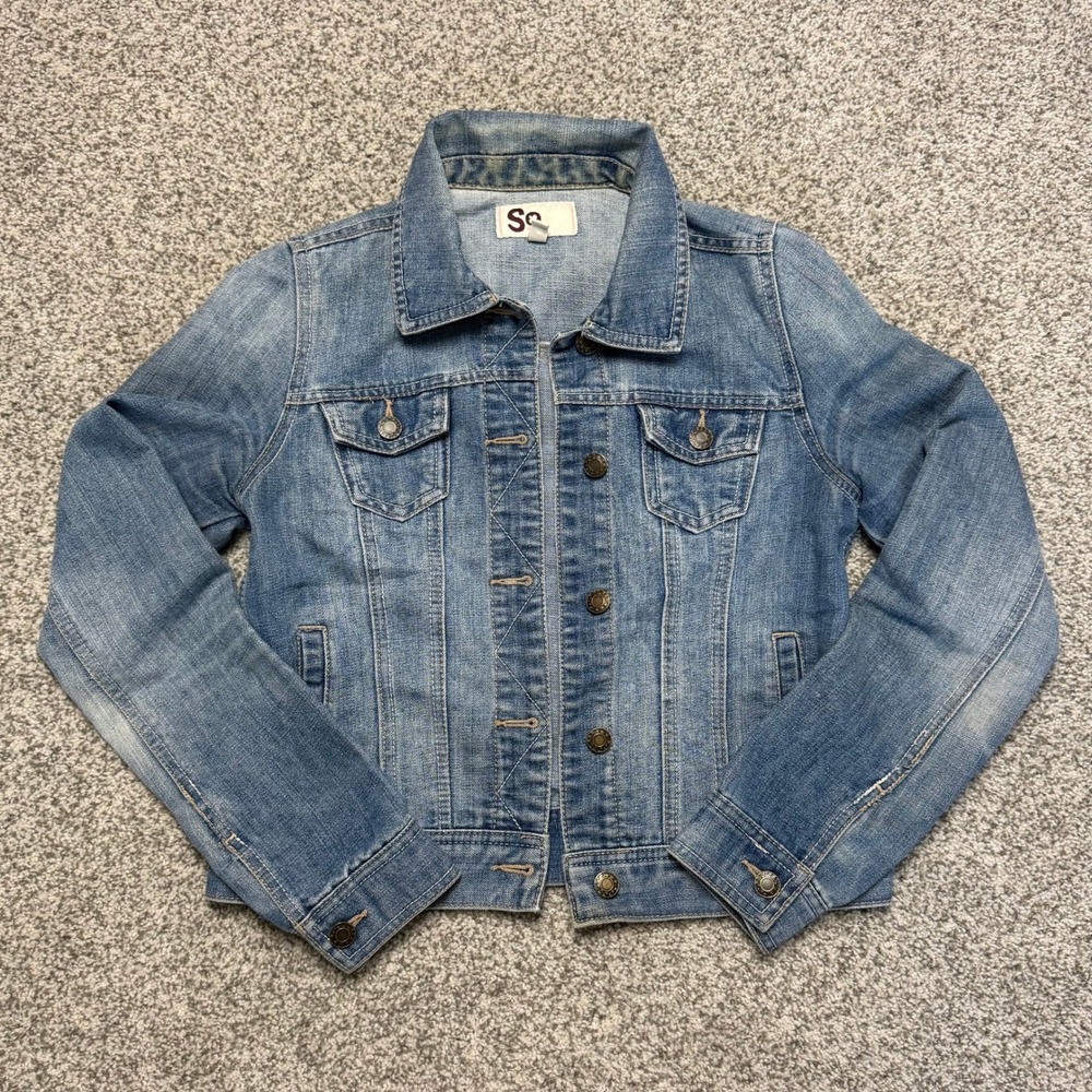 SO Juniors Denim Jacket Medium Blue Faded Distressed Jean Trucker